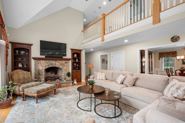 Dining room, Fireplace, Interior, Living room, Recessed Lighting, Wood Texture Flooring