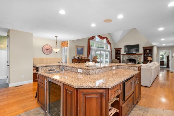 Fireplace, Interior, Kitchen, Living room, Pendant Lights, Recessed Lighting, Wood Texture Flooring