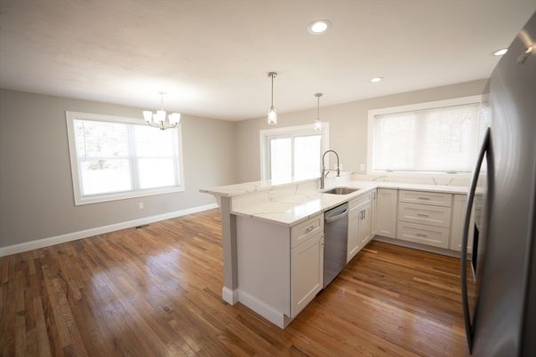 Chandelier, Interior, Kitchen, Pendant Lights, Recessed Lighting, Wood Texture Flooring