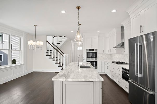 Chandelier, Interior, Kitchen, Pendant Lights, Recessed Lighting, Stainless Steel Appliances, Wood Texture Flooring