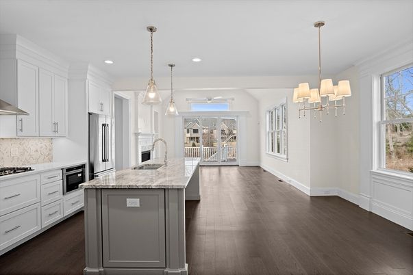 Chandelier, Interior, Kitchen, Pendant Lights, Recessed Lighting, Wood Texture Flooring