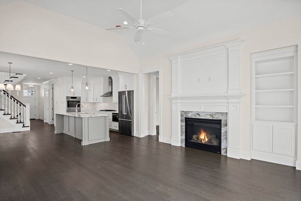 Fireplace, Interior, Kitchen, Pendant Lights, Recessed Lighting, Stainless Steel Appliances, Wood Texture Flooring