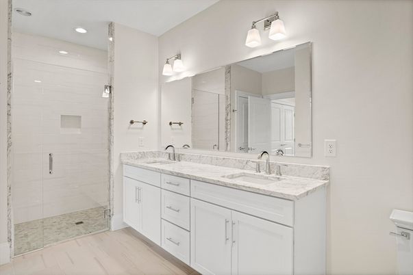 Bathroom, Dual Sink Vanities, Glass Shower, Interior, Recessed Lighting