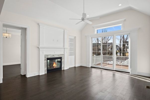 Empty room, Fireplace, Interior, Recessed Lighting, Wood Texture Flooring
