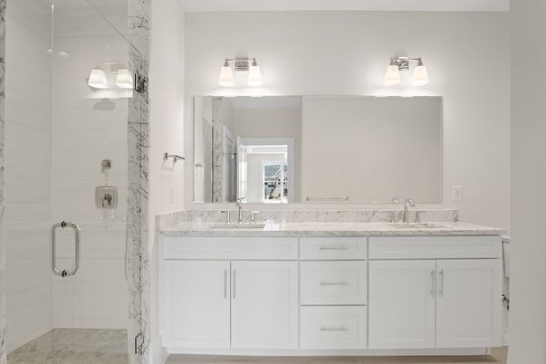 Bathroom, Dual Sink Vanities, Glass Shower, Interior, Marble Walls