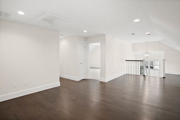 Chandelier, Empty room, Interior, Pendant Lights, Recessed Lighting, Wood Texture Flooring