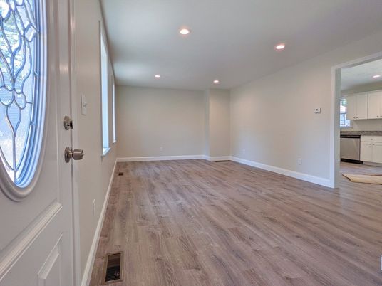 Empty room, Interior, Kitchen, Recessed Lighting, Wood Texture Flooring