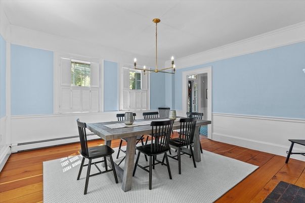Dining room, Interior, Pendant Lights, Wood Texture Flooring