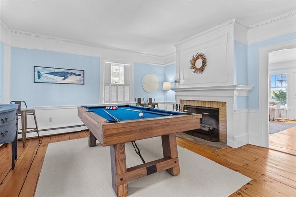 Billiard Table, Fireplace, Game Room, Interior, Wood Texture Flooring