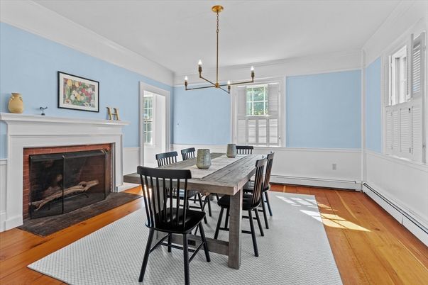 Dining room, Fireplace, Interior, Pendant Lights, Wood Texture Flooring