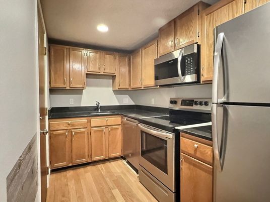 Interior, Kitchen, Recessed Lighting, Stainless Steel Appliances, Wood Texture Flooring