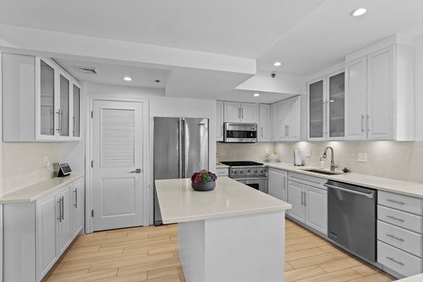 Interior, Kitchen, Recessed Lighting, Stainless Steel Appliances, Wood Texture Flooring