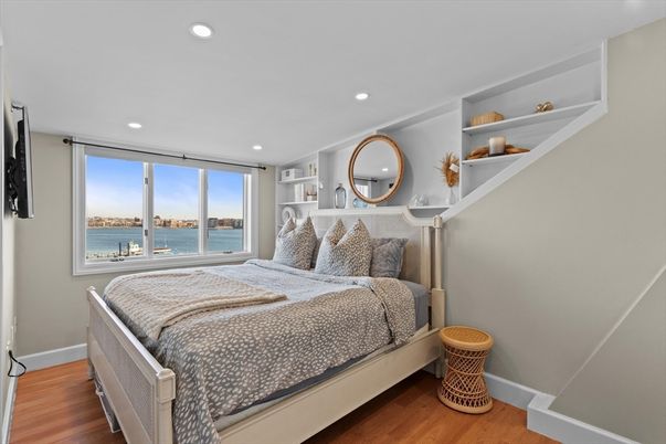 Bedroom, Interior, Recessed Lighting, Water, Wood Texture Flooring
