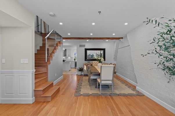 Dining room, Interior, Recessed Lighting, Wood Texture Flooring