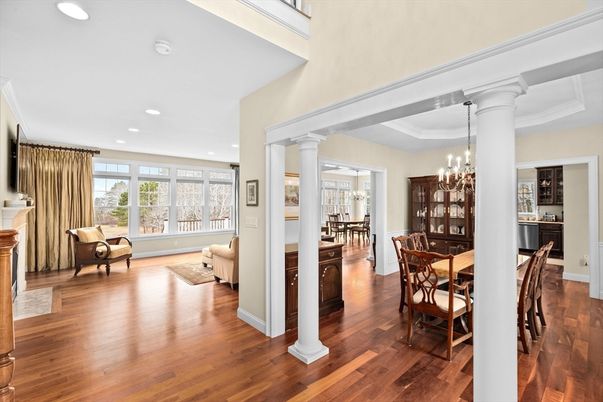 Chandelier, Dining room, Fireplace, Interior, Recessed Lighting, Wood Texture Flooring