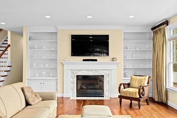 Fireplace, Interior, Living room, Recessed Lighting, Wood Texture Flooring