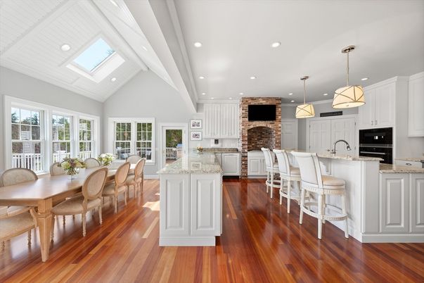 Dining room, Fireplace, Interior, Kitchen, Pendant Lights, Recessed Lighting, Stone Walls, Wood Texture Flooring