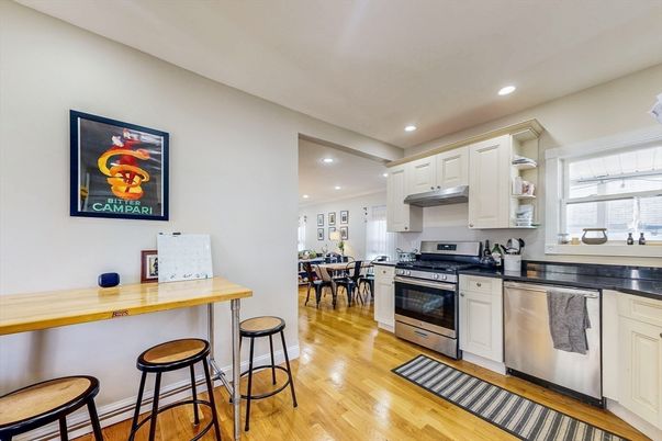 Dining room, Interior, Kitchen, Recessed Lighting, Stainless Steel Appliances, Wood Texture Flooring