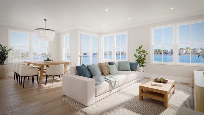 Dining room, Interior, Living room, Pendant Lights, Recessed Lighting, Water, Wood Texture Flooring