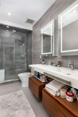 Bathroom, Dual Sink Vanities, Glass Shower, Interior, Recessed Lighting