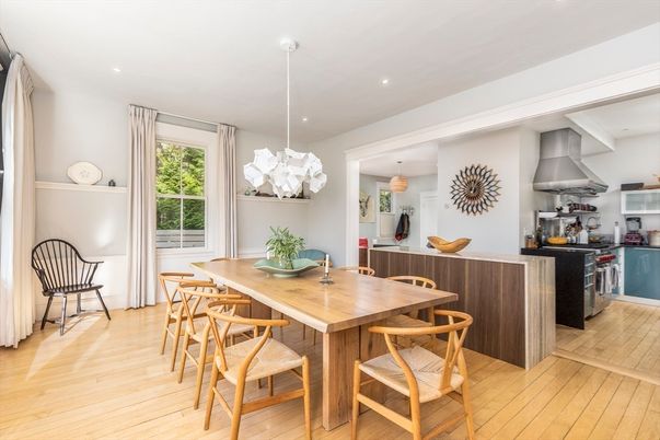 Dining room, Interior, Kitchen, Pendant Lights, Recessed Lighting, Wood Texture Flooring