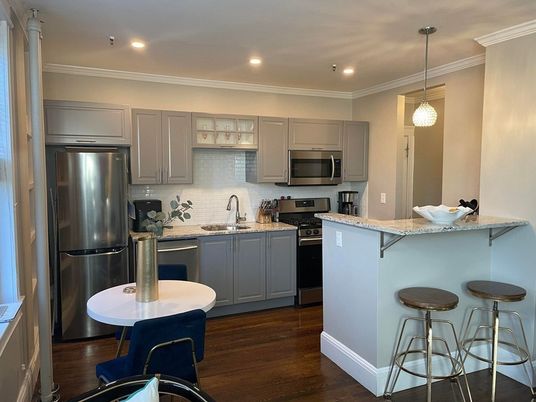 Interior, Kitchen, Pendant Lights, Recessed Lighting, Stainless Steel Appliances, Wood Texture Flooring