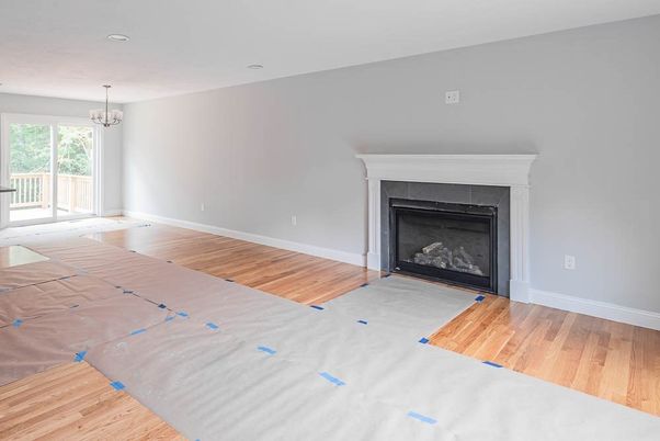 Empty room, Fireplace, Interior, Recessed Lighting, Wood Texture Flooring