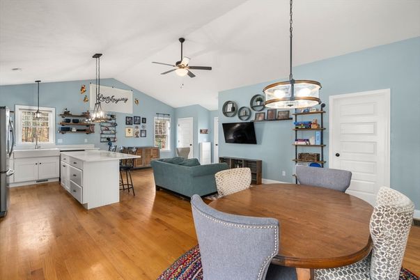 Dining room, Interior, Kitchen, Living room, Pendant Lights, Wood Texture Flooring