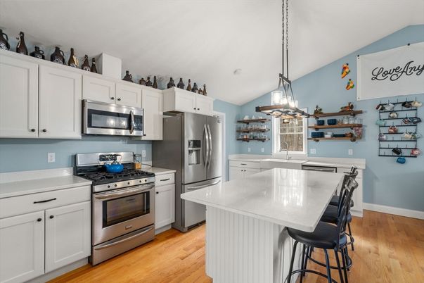 Interior, Kitchen, Pendant Lights, Stainless Steel Appliances, Wood Texture Flooring
