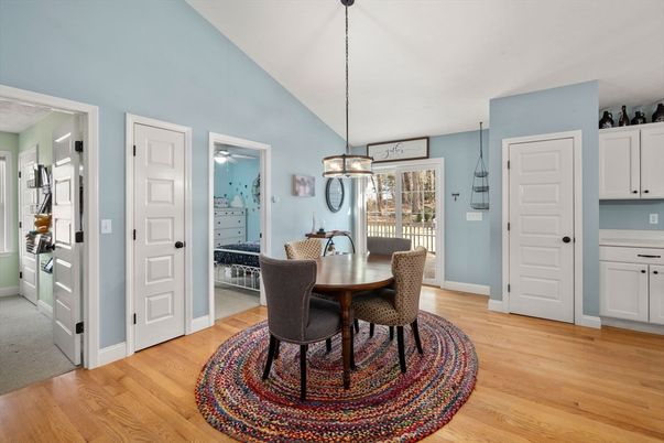 Dining room, Interior, Pendant Lights, Wood Texture Flooring