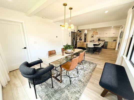 Dining room, Interior, Kitchen, Pendant Lights, Recessed Lighting, Stainless Steel Appliances, Wood Texture Flooring