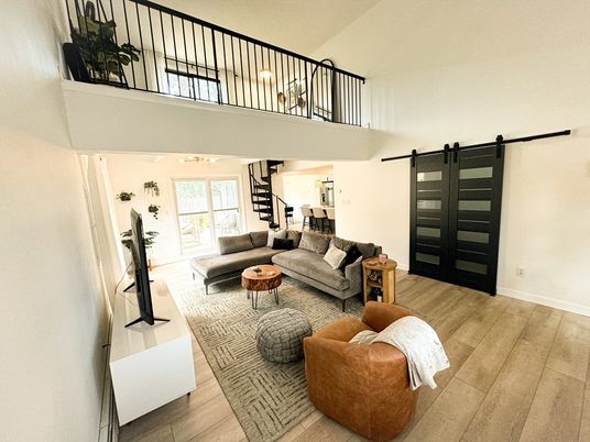Dining room, Interior, Pendant Lights, Recessed Lighting, Wood Texture Flooring