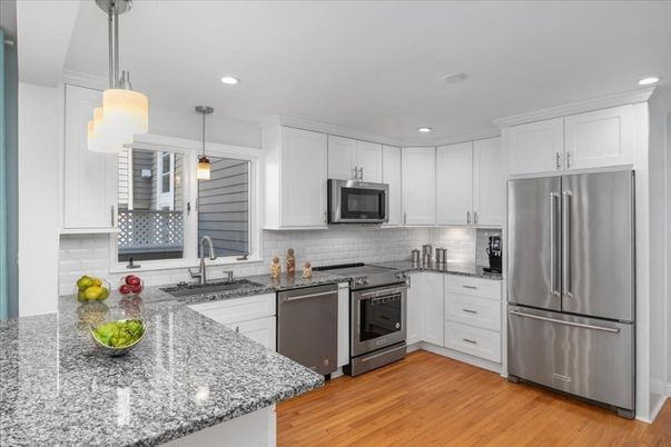 Interior, Kitchen, Pendant Lights, Recessed Lighting, Stainless Steel Appliances, Wood Texture Flooring