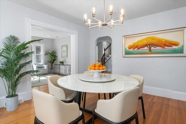Chandelier, Dining room, Interior, Wood Texture Flooring