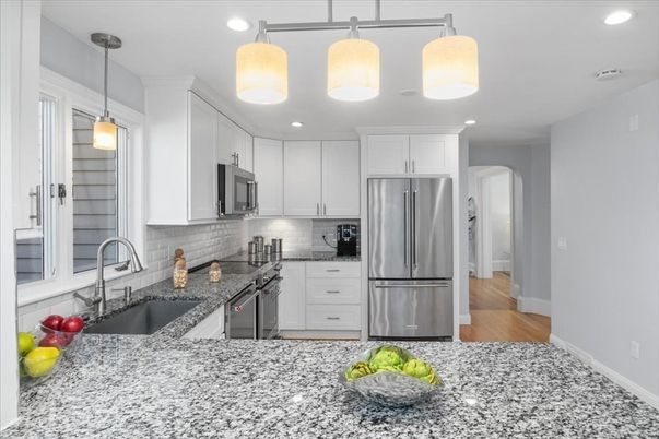 Interior, Kitchen, Pendant Lights, Recessed Lighting, Stainless Steel Appliances, Wood Texture Flooring
