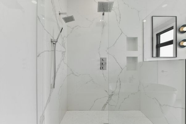 Bathroom, Glass Shower, Interior, Marble Walls