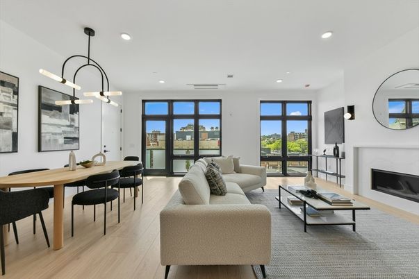 Dining room, Fireplace, Interior, Living room, Pendant Lights, Recessed Lighting, Wood Texture Flooring