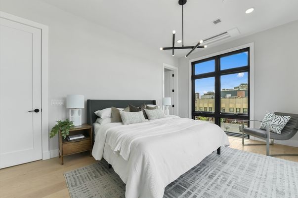 Bedroom, Interior, Pendant Lights, Recessed Lighting, Wood Texture Flooring