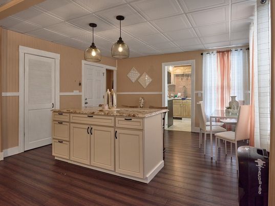 Dining room, Interior, Pendant Lights, Wood Texture Flooring