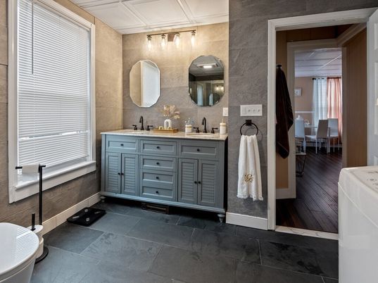 Bathroom, Dining room, Dual Sink Vanities, Interior, Wood Texture Flooring