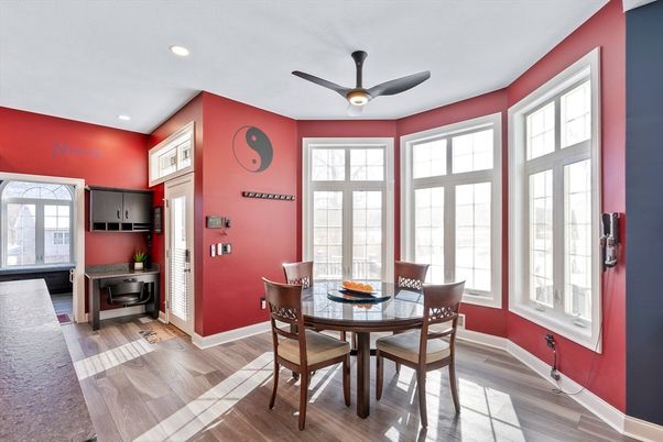 Dining room, Interior, Recessed Lighting, Wood Texture Flooring