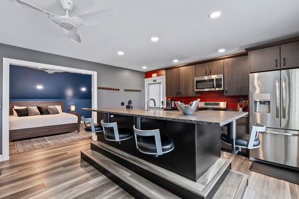 Bedroom, Interior, Kitchen, Recessed Lighting, Stainless Steel Appliances, Wood Texture Flooring