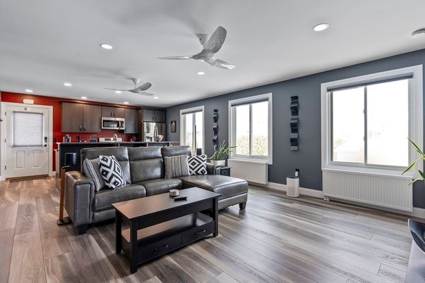 Interior, Kitchen, Living room, Recessed Lighting, Stainless Steel Appliances, Wood Texture Flooring