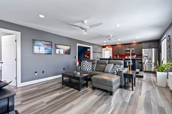 Interior, Kitchen, Living room, Recessed Lighting, Stainless Steel Appliances, Wood Texture Flooring