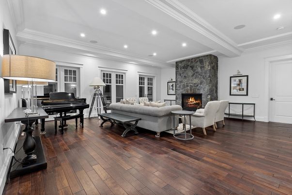 Fireplace, Interior, Living room, Piano, Recessed Lighting, Wood Texture Flooring