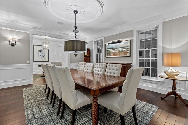 Dining room, Interior, Pendant Lights, Wood Texture Flooring