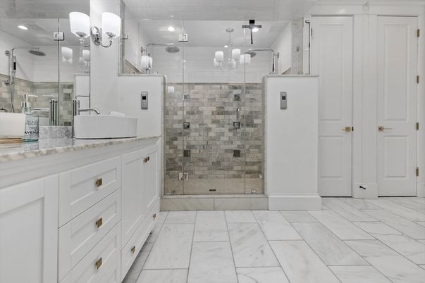 Bathroom, Dual Sink Vanities, Glass Shower, Interior, Marble, Recessed Lighting
