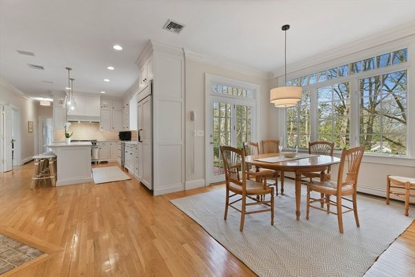 Dining room, Interior, Kitchen, Pendant Lights, Recessed Lighting, Wood Texture Flooring