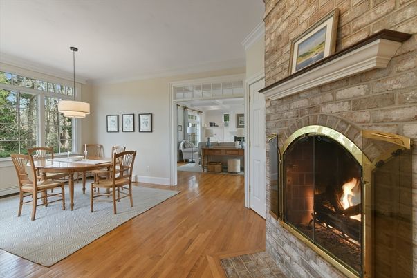 Dining room, Fireplace, Interior, Pendant Lights, Stone Walls, Wood Texture Flooring