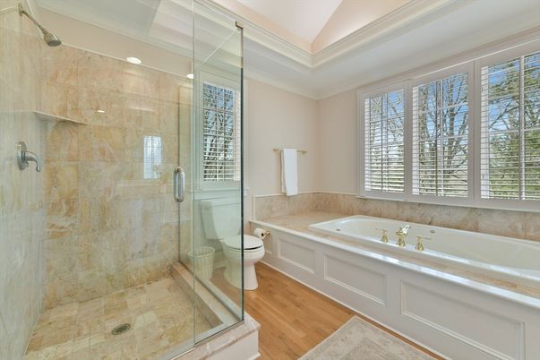 Bathroom, Glass Shower, Interior, Wood Texture Flooring